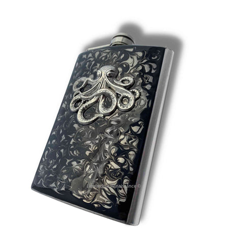 Antique Silver Kraken Flask Inlaid in Hand Painted Enamel Black Ink Swirl Design Neo Victorian Octopus Personalized and Custom Color Options