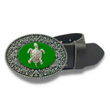 Sea Turtle Belt Buckle Inlaid in Hand Painted Glossy Green Enamel Art Deco Resort Style Metal Buckle with Color Options