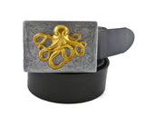 Octopus Belt Buckle Inlaid in Hand Painted Metallic Silver Enamel Steampunk Kraken Buckle with Color Options