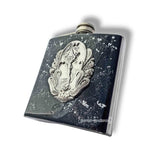 Art Nouveau Flask Inlaid in Hand Painted Black Enamel with Silver Slash Fairy with Lotus Flowers with Personalized and Color Options