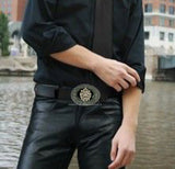 Skull and Cross Bones Belt Buckle Inlaid in Black Onyx Enamel Brocade Etchings Oval Buckle Custom Colors Available