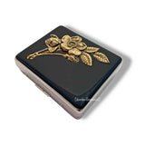 Victorian Flowers Pill Case with 8 Compartments with Lids Inlaid in Hand Painted Black Enamel Roses Bouquet Personalize and Color Options