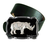 Antique Silver Rhino Belt Buckle inlaid in Hand Painted Black Enamel Vintage Style Art Deco Rhinoceros with Custom Color Option