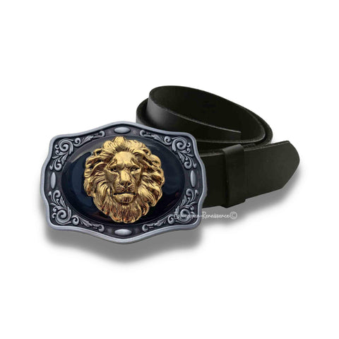 Antique Gold Lions Head Buckle Mixed Metals Inlaid in Hand Painted Black Enamel Vintage Style Leo Design with Assorted Colors Available