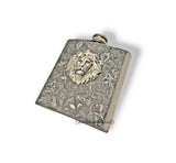 Lion Metal Flask Inlaid in Hand Painted Silver Swirl Enamel Antique Silver Leo Head Hip Flask Custom Colors and Personalized Options