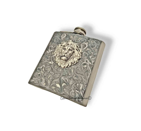 Lion Metal Flask Inlaid in Hand Painted Silver Swirl Enamel Antique Silver Leo Head Hip Flask Custom Colors and Personalized Options
