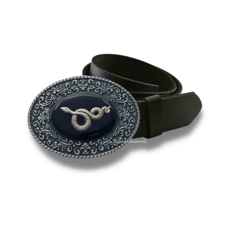 Snake Belt Buckle Inlaid in Hand Painted Black Enamel Vintage Style Serpent Design Oval Ornate Style with Color Option