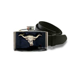 Loghorn Bull Flask Belt Buckle Inlaid in Hand Painted Black Glossy Enamel nspired 3 oz. Flask Personalized and Color Options