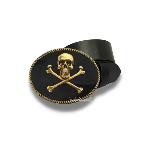Antique Gold Skull and Crossbones Belt Buckle Inlaid in Hand Painted Glossy Black Enamel Vintage Style Oval Gold Buckle with Color Options