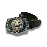Antique Silver Lions Head Belt Buckle Inlaid in Black and Gold Swirl Enamel Medieval Gargoyle Buckle with Color Options