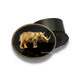 Antique Gold Rhino Belt Buckle Inlaid in Hand Painted Glossy Black Enamel Vintage Style Oval Gold Buckle with Color Options