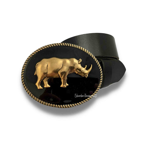 Antique Gold Rhino Belt Buckle Inlaid in Hand Painted Glossy Black Enamel Vintage Style Oval Gold Buckle with Color Options