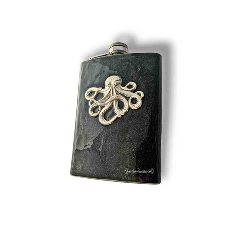 Steampunk Antique Silver Octopus Flask Metallic Black Enamel Neo Victorian Kraken 8oz Metal Hip Flask Custom Colors and Personalized Option