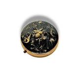 Antique Gold Bee Pill Case Inlaid in Hand Painted Black with Gold Swirl Enamel Art Deco Insect Vintage Style Personalize and Color Options
