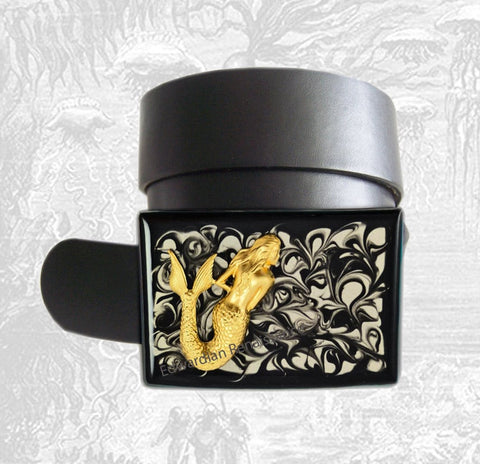 Mermaid Belt Buckle Inlaid in Hand Painted Enamel Black Ink Swirl Design Nautical Fantasy Sea Siren Inspired Metal Buckle with Color Options