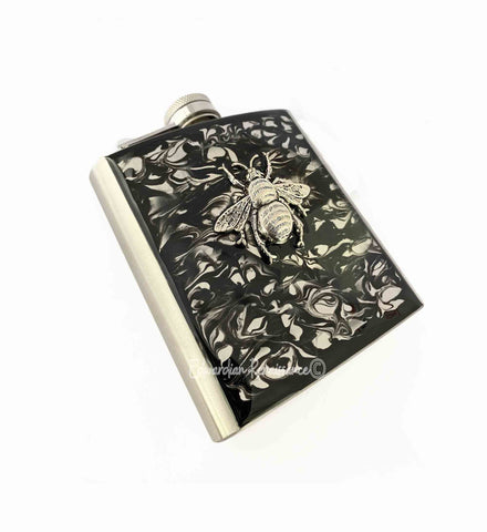 Bee Hip Flask Inlaid in Hand Painted Enamel Black Ink Swirl Design Neo Victorian Inspired Custom Colors and Personalized Options Available
