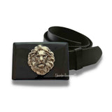 Antique Silver Lions Head Belt Buckle Inlaid in Hand Painted Black Enamel Neo Victorian Leo with Color Options