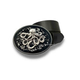 Octopus Belt Buckle Inlaid in Hand Painted Glossy Black Ink Enamel Vintage Style Nautical Inspired Silver Buckle with Color Options