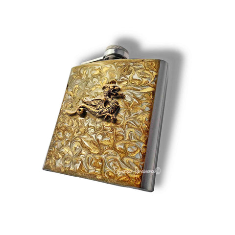 Dragon Hip Flask Game of Thrones Inspired Hand Painted Gold Swirl Enamel Medieval Style Personalized and Color Options