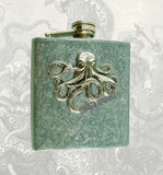 Antique Silver Octopus Flask inlaid in Hand Painted Metallic Silver Enamel Kraken Flask with Personalized and Color Option