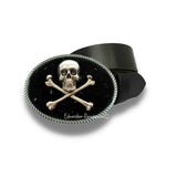 Antique Silver Skull and Crossbones Belt Buckle Inlaid in Hand Painted Black with Silver Splash Enamel Vintage Style with Color Options