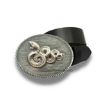 Snake Belt Buckle Inlaid in Hand Painted Glossy Enamel Black Ink Swirl Design Neo Victorian Inspired Oval Silver Buckle with Color Options