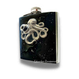 Antique Silver Octopus Flask Inlaid in Hand Painted Black Enamel with Silver Splash Nautical Design with Personalized and Color Options