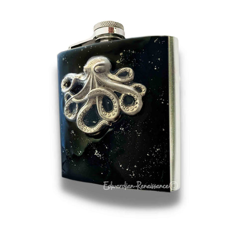 Antique Silver Octopus Flask Inlaid in Hand Painted Black Enamel with Silver Splash Nautical Design with Personalized and Color Options