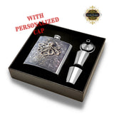 Skull and Crossbones Flask Inlaid in Hand Painted Black Ink Swirl Enamel Gothic Style with Personalized and Color Options