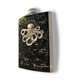 Antique Silver Octopus Flask Inlaid in Hand Painted Black with Gold Swirl Design Enamel Neo Victorian Kraken Personalized and Color Options