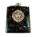 Antique Silver Lion Head Flask: Hand-Painted Black Enamel, Personalized