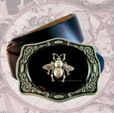 Antique Gold Bee Belt Buckle Inlaid in Hand Painted Glossy Black Onyx Enamel Art Deco Insect Available in Other Colors