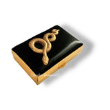 Antique Gold Snake Pill Case Inlaid in Hand Painted Glossy Black Enamel Vintage Style Serpent with Personalized and Color Options