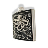 Octopus Flask Inlaid Hand Painted Black Ink Enamel Antique Silver Kraken Vintage Style Personalize and Color Options