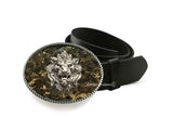 Antique Gold Lion Belt Buckle Neo Classic Gargoyle Inspired Inlaid in Black Enamel with Silver Splash Custom Colors Available