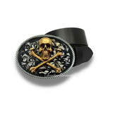 Antique Silver Skull and Crossbones Belt Buckle Inlaid in Hand Painted Black Enamel Vintage Gothic Style with Color and Belt Strap Options