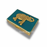 Antique Gold Elephant Pill Case Inlaid in Hand Painted Glossy Teal Enamel Vintage Safari Style with Personalized and Color Options