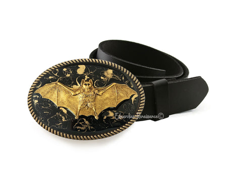 Flying Vampire Bat Belt Buckle Inlaid in Hand Painted Glossy Black with Gold Swirl Gothic Victorian Ornate Buckle with Color Options
