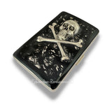 Metal Cigarette Case Silver Skull and Cross Bones Inlaid in Hand Painted Glossy Black Ink Swirl Design Custom Colors and Personalized Option
