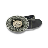 Victorian Owl Belt Buckle Inlaid in Hand Painted Onyx Black Enamel with Intricate Brocade Etchings Custom Color Option Available