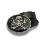 Antique Silver Skull and Crossbones Belt Buckle Inlaid in Hand Painted Black Enamel Vintage Gothic Style with Color and Belt Strap Options