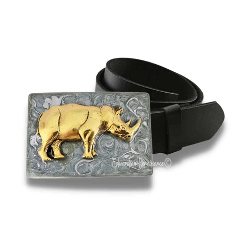 Antique Gold Rhino Belt Buckle inlaid in Hand Painted Silver Swirl Enamel Neo Victorian Safari Rhinoceros with Assorted Color Options