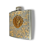 Lions Head Flask Inlaid in Silver with Gold Swirl Enamel Neoclassic Safari Vintage Style with Personalized and Color Options