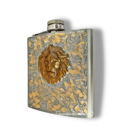 Lions Head Flask Inlaid in Silver with Gold Swirl Enamel Neoclassic Safari Vintage Style with Personalized and Color Options