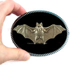 Flying Vampire Bat Belt Buckle Inlaid in Hand Painted Glossy Black with Gold Swirl Gothic Victorian Ornate Buckle with Color Options