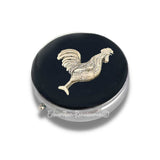 Rooster Pill Box Inlaid in Hand Painted Glossy Black Enamel Neo Victorian Country Inspired Personalized and Color Options