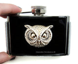 Owl Flask Belt Buckle Inlaid in Hand Painted Black Glossy Enamel Neo Victorian Inspired with Color Option