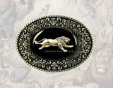 Running Lion Oval Belt Buckle Inlaid in Hand Painted Black Onyx Enamel Victorian Safari with Intricate Brocade Etchings with Color Options