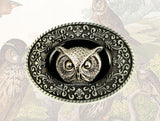 Owl Belt Buckle Inlaid in Hand Painted Cobalt Blue Enamel with Intricate Brocade Etchings Vintage Style Custom Color Option Available