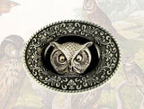 Victorian Owl Belt Buckle Inlaid in Hand Painted Onyx Black Enamel with Intricate Brocade Etchings Custom Color Option Available